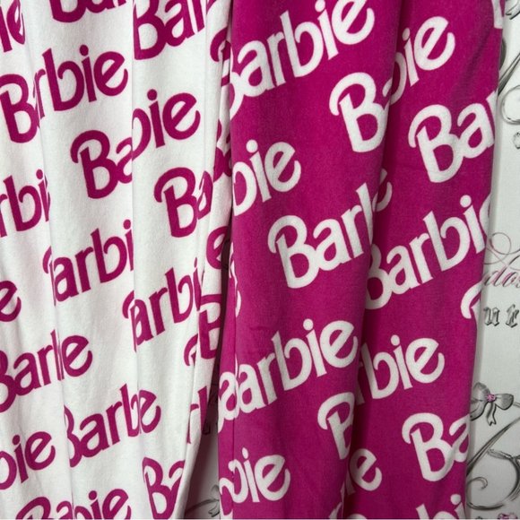 Barbie pants soft velour feel fabric cozy pink white half half one leg different - Picture 5 of 10